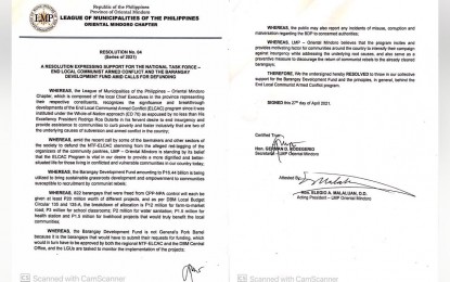 <p><strong>BREAKTHROUGH</strong>. Oriental Mindoro mayors' resolution expresses support for the NTF ELCAC, recognizing the significance and breakthrough developments achieved in its fight to end insurgency in the countryside. <em> (Photo courtesy of LMP-Oriental Mindoro)</em></p>