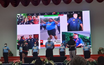 <p><strong>FINAL TALK.</strong> Outgoing Philippine National Police chief, Gen. Debold Sinas, shows his fitness journey through a video presentation during his final press briefing at Camp Crame, Quezon City on Monday (May 3, 2021). Sinas will retire on May 8. <em>(Photo courtesy of PNP)</em></p>