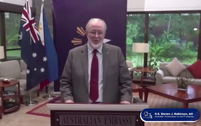 <p><strong>DIPLOMATIC TIES.</strong> Australian Ambassador to the Philippines Steven Robinson AO delivers his message during a virtual media briefing Monday (May 3, 2021). The Philippines and Australia will be celebrating the 75th year of diplomatic ties on May 22.<em> (Screenshot from the briefing)</em></p>