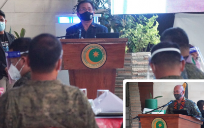 <p><strong>MILITARY ACCOMPLISHMENTS</strong>. BARMM Chief Minister Ahod B. Ebrahim lauds the military for curbing the terrorist actions of the Abu Sayyaf Group (ASG) in the region, particularly in the island provinces of Sulu, Basilan, and Tawi-Tawi. Lt. Gen. Corleto Vinluan Jr. (inset), commander of the AFP’s Western Mindanao Command, said during his visit to the BARMM government in Cotabato City on Monday (May 3, 2021) that the ASG threat in the area, particularly in Sulu province, has been declining since the first quarter of this year. <em>(Photos courtesy of BIO BARMM)</em></p>