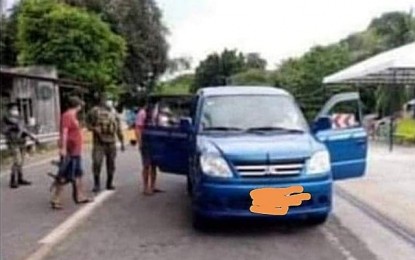 <p><strong>GETAWAY VEHICLE.</strong> Police intercept an SUV (in photo) at a checkpoint in Vallehermoso, Negros Oriental, allegedly used as a getaway vehicle by suspects in the murder of a village chief in Dauin town on Wednesday (May 5, 2021). Four suspects were arrested and are now facing murder charges. <em>(Photo courtesy of  Dauin police station)</em></p>