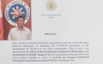 <p><strong>STREAMLINED VAX ROLLOUT.</strong> A copy of President Rodrigo Duterte's letter dated April 27, 2021 and disclosed to the media by the Office of the Presidential Assistant for the Visayas (OPAV) on Thursday (May 6, 2021). Duterte lauded the OPAV for establishing the Visayas Covid-19 Vaccination Center that streamlines the inoculation efforts of LGUs in the region. <em>(Photo courtesy of OPAV)</em></p>