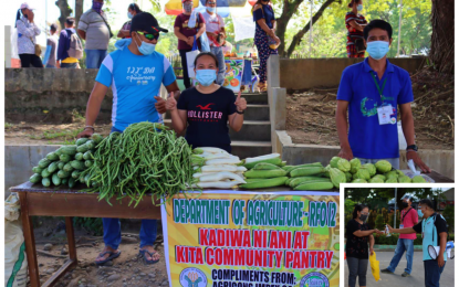 <p><strong>FARMERS’ BAYANIHAN INITIATIVE.</strong> Farming groups in Kidapawan City, in partnership with the regional agriculture office, launch on Friday (May 7, 2021) a community pantry to help sectors of the city that have been heavily affected by the pandemic. The pantry organizers made sure that basic health protocols (inset) were followed during the activity.<em> (Photos courtesy of Kidapawan CIO)</em></p>