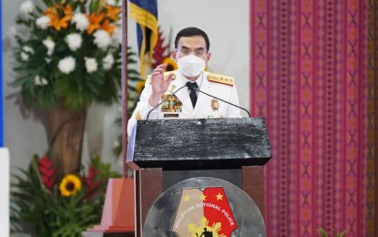 <p><strong>NEW TOP COP.</strong> Philippine National Police (PNP) chief, Gen. Guillermo Eleazar, delivers his assumption speech as the country's 26th top cop during the change of command ceremony in Camp Crame, Quezon City on Friday (May 7, 2021). Eleazar launched his "Intensified Cleanliness Policy" (ICP) aimed at correcting minor and small problems in the service to prevent them from getting worse.<em> (Photo courtesy of PNP-PIO)</em></p>