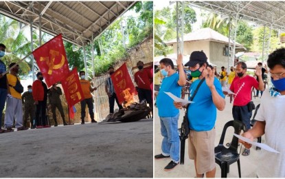 <p><strong>PERSONA NON GRATA</strong>. Left photo shows residents of Barangay Dagohoy in Bilar, Bohol burn flags of communist terrorist groups in a covered court on Sunday (May 9, 2021). Right photo shows the village folks as they pledge allegiance to the government after passing a barangay resolution declaring the NPA as persona non grata.<em> (Contributed photo)</em></p>