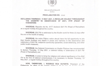 May 13 Declared Regular Holiday In Observance Of Eid L Fitr Philippine News Agency