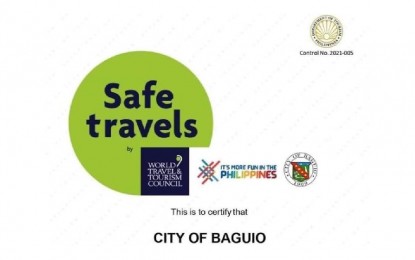 <p><strong>SAFE TRAVEL DESTINATION</strong>. The Department of Tourism in the Cordillera Administrative Region on Wednesday (May 12, 2021) announced that Baguio City received a safe travels stamp certificate of compliance from the World Travel and Tourism Council (WTTC). DOT-CAR Director Jovy Ganongan said the Safe Travels Stamp is a specially designed stamp that will allow travelers to recognize governments and businesses around the world which have adopted health and hygiene global standardized protocols so tourists can experience "Safe Travels". (<em>Screengrab</em>) </p>