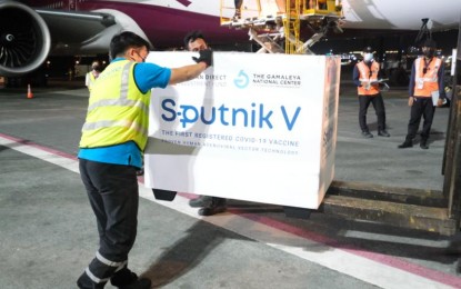 <p><strong>MORE SPUTNIK V VAX.</strong> The Philippines receives another 15,000 doses of the Russian-made Sputnik V Covid-19 vaccine on Wednesday night (May 12, 2021). The newly-arrived vaccines will serve as "component 2 or follow-up dose" for the initial batch delivered last May 1. <em>(Photo courtesy of NTF)</em></p>