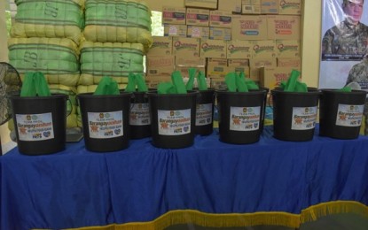 <p><strong>COMMUNITY SPIRIT</strong>. Donations for the "Barangayanihan Help and Food Bank" at the Police Regional Office 6 (Western Visayas) headquarters. On Friday (May 14, 2021), 10 recipients from Barangay Concepcion in Iloilo City received gift packs during the ceremonial distribution during the national launch of the initiative. <em>(Photo courtesy of PRO-6 RPIO)</em></p>