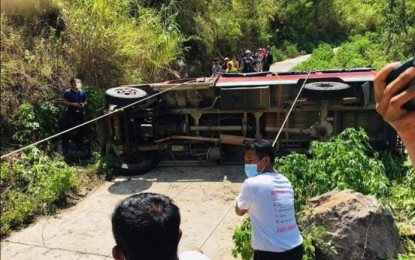 <p><strong>ALL SURVIVED.</strong> The jeep that rammed into a mountainside in Mountain Province on Monday (May 17, 2021). The police said all 19 persons on board the vehicle are now safe, except for two others who remain at the hospital. <em>(Photo courtesy of Bontoc PNP)</em></p>