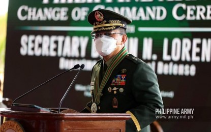 <p><strong>NEW ARMY CHIEF.</strong> Maj. Gen. Andres Centino assumes as the new commander of the Philippine Army in a ceremony at the PA headquarters in Fort Bonifacio, Taguig City on Tuesday (May 18, 2021). In his assumption speech, Centino said the Philippines is now on the brink of victory against long-time security threats due to the government's application of whole-of-nation framework in addressing these problems <em>(Photo courtesy of the Philippine Army Public Affairs Office)</em></p>