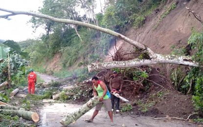 <p><strong>LANDSLIDE.</strong> Members of the Rapid Damage Assessment and Needs Analysis team of the Lake Sebu Municipal Disaster Risk Reduction and Management Office (MDRRMO) clear a portion of a road in Sitio Lamsufo, Barangay Poblacion that was hit by a landslide due to nonstop rains brought by the intertropical convergence zone. The MDRRMO said the landslide was a result of moderate but prolonged rains from Tuesday night (May 18, 2021) until early Wednesday (May 19, 2021). <em>(Photo courtesy of Lake Sebu MDRRMO head Roberto Baggong)</em></p>