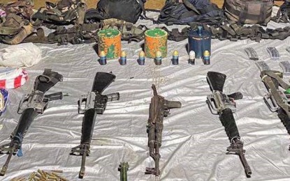 <p><strong>CONFISCATED.</strong> Some of the firearms and explosive materials confiscated by the Philippine Army in anti-insurgency operations are shown in this March 2021 photo. On Monday (May 24, 2021), the Army will present the 70 former rebels convinced to surrender to Iloilo officials. <em>(Photo courtesy of Philippine Army Facebook)</em></p>