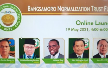 <p>Screengrab of the virtual meeting and launch of the Bangsamoro Normalization Trust Fund participated by officials from the Office of the Presidential Adviser on the Peace Process, the Moro Islamic Liberation Front, and the World Bank, on Wednesday evening (May 19, 2021).</p>