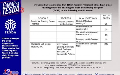 <p><strong>FREE EDUCATION</strong>. Technical Education and Skills Development Authority (TESDA) Antique provincial office has more than 300 scholarship slots available for interested students. TESDA provincial director Glenn Murphy said Tuesday (May 25, 2021) that they have various skills training where students can apply.<em> (Photo courtesy of TESDA Antique)</em></p>