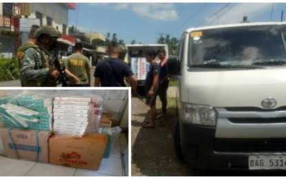 <p><strong>INTERCEPTED.</strong> Marine troopers working under Joint Task Force Central took into custody the Toyota commuter van containing some PHP150,000 worth of smuggled cigarettes on Monday (May 24, 2021) afternoon. The contraband (inset) and the van driver are now withheld at the Malabang police station. <em>(Photo courtesy of 6ID)</em></p>
