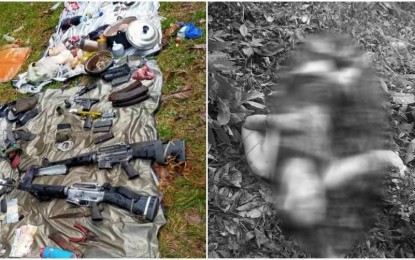 <p><strong>BOHOL CLASH</strong>. Left photo shows the war materiel found in Barangay Cabacnitan, Bilar town in Bohol where soldiers from the 47th Infantry Battalion fought with 11 New People's Army rebels. Right photo shows one of the five rebels killed in the gunbattle.<em> (Photo courtesy of DPAO)</em></p>