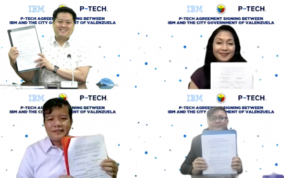 <p><strong>CAREER-READY.</strong> The Valenzuela City government signs a memorandum of agreement with IBM Philippines to launch the Pathways in Technology Early College High Schools program on Thursday (May 27, 2021). Mayor Rex Gatchalian (top left) and other local officials were present in the virtual ceremony. <em>(Photo courtesy of Valenzuela-PIO)</em></p>