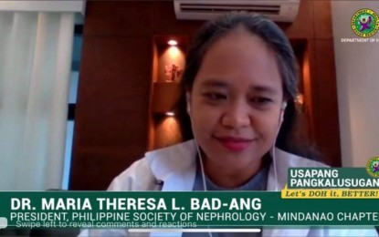 <p>Dr. Maria Theresa Bad-ang, president of the Philippine Society of Nephrology-Mindanao chapter.<em> (Photo screen grabbed from the virtual press briefing of the Department of Health in Region 11)</em></p>