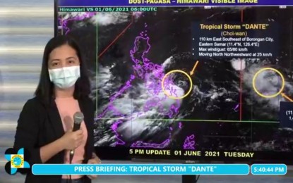 <p><strong> 'DANTE' UPDATE</strong>. Weather specialist Ana Clauren on Tuesday afternoon (June 1, 2021) says Tropical Storm Dante is expected to further weaken in the next hours. However, it will continue to bring rains over Caraga and a huge portion of the Visayas, she said. (<em>Screenshot from PAGASA's Facebook page</em>) </p>
