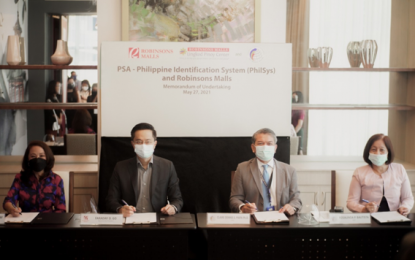 <p><strong>NAT’L ID TIE-UP</strong>.  Officials of the Philippine Statistics Authority (PSA) and Robinsons Land Corporation sign memorandum of understanding on May 17, 2021 for the use of Robinsons malls for national ID registration. (From left to right) Robinsons senior vice president Arlene G. Magtibay and executive vice president Faraday Go, and PSA national statistician and civil registrar general, Undersecretary Claire Dennis S. Mapa and deputy national statistician of the PhilSys Registry Office Assistant Secretary Rosalinda Bautista. <em>(Photo courtesy of PSA)</em></p>