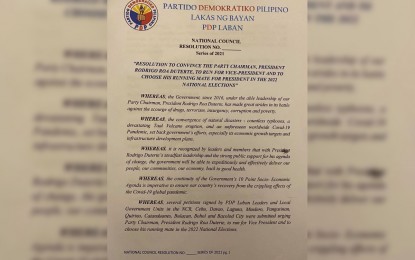 <p><strong>RESOLUTION</strong>. A copy of the resolution passed by members of the PDP-Laban during their meeting in Cebu City on Monday (May 31, 2021). Members of the ruling party urged President Rodrigo Duterte to run for vice president in the 2022 elections.<em> (Photo courtesy of OPAV)</em></p>