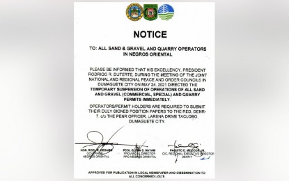 <p><span style="line-height: 1.5;"><strong>TEMPORARY QUARRY SUSPENSION</strong>. A copy of the notice posted on Wednesday (June 2, 2021) by the Department of Environment and Natural Resources (DENR)-Central Visayas on Facebook regarding the order of President Rodrigo Duterte to temporarily suspend quarry operations in Negros Oriental. The order was issued amid reported violations of environmental laws in the province. <em>(Image grabbed from DENR-7's Facebook page)</em></span></p>