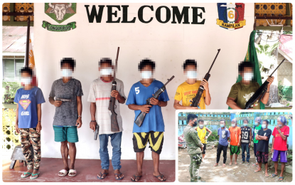 <p><strong>RIGHT MOVE</strong>. Former NPA combatants show their guns during surrender rites held at the Army’s 37th Infantry Battalion headquarters in Kalamansig, Sultan Kudarat on Wednesday (June 2, 2021). A soldier (inset) also updated the surrenderers about the government’s program to help them reintegrate into mainstream society. <em>(Photos courtesy of 603Bde)</em></p>