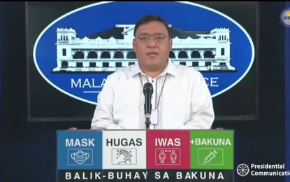 <p><strong>NO DESPERATE ATTEMPT.</strong> Presidential Spokesperson Harry Roque debunks critics claim that the proposal to amend the 1987 Constitution is a desperate attempt of President Rodrigo Duterte to hold on to power during his regular Palace press briefing on Thursday (June 3, 2021). Roque said Duterte will never go beyond his term office on June 30 next year. <em>(Screengrab from RTVM)</em></p>