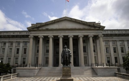 <p>Photo taken on May 21, 2020 shows the U.S. Treasury Department building in Washington D.C., the United States. <em>(Photo by Ting Shen/Xinhua)</em></p>