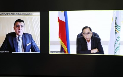 <p><strong>PARTNERSHIP.</strong> Department of Agriculture Secretary William Dar (right) and Egyptian Ambassador to the Philippines Ahmed Shehabeldin meet online on Monday (June 7, 2021). They discussed a possible agricultural exchange. <em>(Photo courtesy of DA)</em></p>