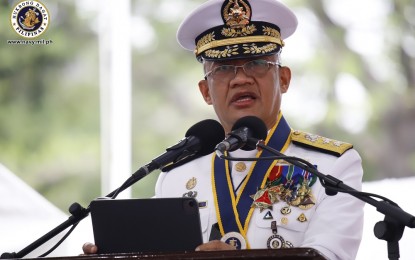 <p><strong>NEW NAVY CHIEF.</strong> Newly-appointed Philippine Navy (PN) chief, Rear Adm. Adeluis Bordado, delivers his speech during the assumption-of-command ceremony at the PN headquarters in Manila on Tuesday (June 8, 2021). Bordado pledged to continue all programs and projects initiated by his predecessor, Vice Adm. Giovanni Carlo Bacordo, to sustain the development of the naval service. <em>(Photo courtesy of Naval Public Affairs Office)</em></p>