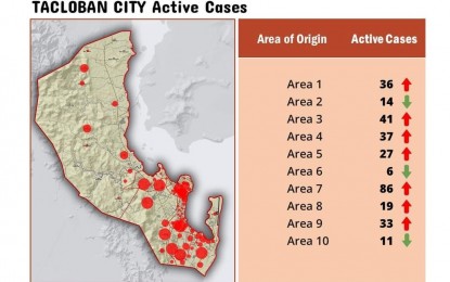 <p><strong>COVID-19 CASES SURGE</strong>. The map of Tacloban City showing the location of active cases as of June 5, 2021. The top official of the Department of Health in Eastern Visayas has classified the current surge of coronavirus disease 2019 cases as very alarming, reiterating calls for the public to stay at home.<em> (Photo courtesy of Tacloban City government)</em></p>