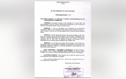 <p><span style="line-height: 1.5;"><strong>REMEMBERING MT. PINATUBO ERUPTION</strong>. A copy of Proclamation No. 1159 signed by Executive Secretary Salvador Medialdea under the authority of President Rodrigo Duterte, declaring June 15, 2021 as special non-working holiday in Pampanga. The eruption of Mt. Pinatubo on June 15, 1991, the second-largest in the 20th century, caused massive destruction to the provinces of Zambales, Pampanga, Bataan, Tarlac and Nueva Ecija. <em>(Photo from the Facebook page of the Provincial Government of Pampanga)</em></span></p>
