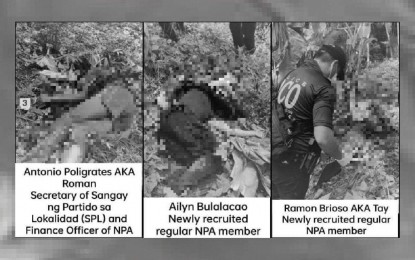 <p><strong>SLAIN REBELS</strong>. Photo shows members of the New People's Army (NPA) killed when government forces engaged rebels in a firefight in Barangay Anas, Masbate City on June 8, 2021. The three were identified by former rebels in the province as communist terrorist group members.<em> (Photo courtesy of 9ID)</em></p>