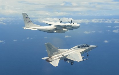 <p><strong>MARITIME PATROL</strong>. An EADS CASA C-295 medium transport and a South Korean-made FA-50PH fighter of the Philippine Air Force conduct solidarity maritime patrol over the Philippine Rise on Saturday (June 12, 2021). The activity was part of the country’s commemoration of the 123rd Independence Day and 5th anniversary of the renaming of the erstwhile Benham Rise. <em>(Photo courtesy of PAF)</em></p>