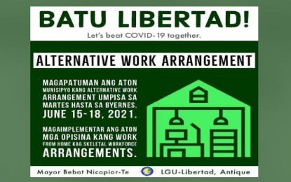<p><strong>ALTERNATIVE WORK ARRANGEMENT</strong>. The municipality of Libertad adopts a work from home arrangement from June 15-18, 2021 after six personnel of their municipal police station tested positive for Covid-19. Mayor Mary Jean Te, in an interview Tuesday (June 15, 2021) said the contact tracing is still ongoing while the municipal hall will also be disinfected. <em>(PNA photo courtesy by Libertad LGU)</em></p>
