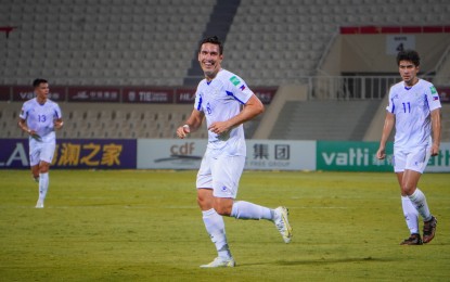<p><strong>GOAL!</strong> Angel Guirado was all smiles after scoring a goal for the Philippine Azkals. The Azkals were held to draw by the Maldives, 1-1 at the second round of the joint FIFA World Cup and AFC Asian Cup Qualifiers at the Sharjah Stadium in the United Arab Emirates early Wednesday (June 16, 2021, Philippine time). <em>(Photo courtesy of PFF)</em></p>