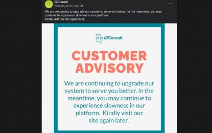 <p><strong>NOT WORKING.</strong> An eZConsult advisory on Tuesday (June 15, 2021) says its system was having technical difficulties due to upgrades. The Quezon City government has been receiving complaints about eZConsult's inaccessibility for the registration or booking of an appointment for the Covid-19 vaccination. <em>(Photo grabbed from eZConsult website)</em></p>