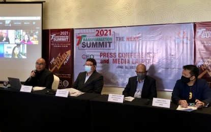 <p><strong>FUTURE OF IT-BPM. </strong>2021Transformation Summit chairman DJ Moises (from left to right), Cebu IT BPM.Organization (CIB.O) president Pert Cabataña, CIB.O executive director Buddy Villasis, and Globe Telecom head of sales for VisMin Carlo Ortiz discuss their projections on the IT-BPM industry in a press briefing on Wednesday (June 16, 2021). CIB.O is holding the virtual summit on July 12-15, 2021 to gather industry stakeholders, academe, and the government to discuss strategies on how the sector can make a “big leap forward” after the pandemic. <em>(PNA photo by Carlo Lorenciana)</em></p>