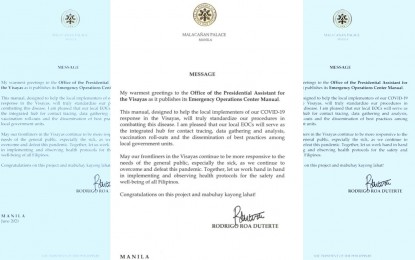 <p><strong>COMMENDATION</strong>. A copy of President Rodrigo Duterte's message commending the Office of the Presidential Assistant for the Visayas (OPAV) for the creation of the Emergency Operations Center (EOC) Manual for Covid-19 response at the city and municipal levels. The manual is specifically designed for LGUs and public health offices from the provincial down to the barangay level, to equip them with ample knowledge on Covid-19 response. <em>(Screenshot of a copy of the document)</em></p>