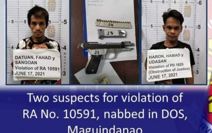 <p><strong>NABBED.</strong> The mugshots of suspects Fahad Datuan (left) and Hamad Udasan Haron (right) following their arrest on Sunday night (June 20, 2021) for carrying an unlicensed 9mm pistol. The two were charged with violation of Republic Act 10591 or the Comprehensive Firearms and Ammunition Regulation Act. <em>(Photo courtesy of PRO-BARMM)</em></p>