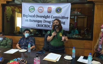 <p><strong>CLEARED FROM DRUGS.</strong> PDEA-12 Director Naravy Duquiatan speaks during the meeting in Pikit, North Cotabato on Sunday (June 20, 2021) where she announced that two villages have been declared clear of drugs during the Regional Oversight Committee on Barangay Drug Clearing. Duquiatan said assessment of other villages in North Cotabato for illegal drug clearing concerns is still going on. <em>(Photo courtesy of PDEA-12)</em></p>