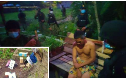 <p><strong>ARRESTED.</strong> Ali Akbar, suspect in bus bombing and burning incidents in North Cotabato, is arrested in Barangay East Patadon, Kidapawan City on Monday morning (June 21, 2021). Police and the military found improvised bombs (inset) near his hideout.<em> (Photo courtesy of 602nd Brigade)</em></p>
