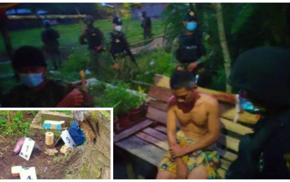 <p><strong>ARRESTED.</strong> Ali Akbar, suspect in bus bombing and burning incidents in North Cotabato, is arrested in Barangay East Patadon, Kidapawan City on Monday morning (June 21, 2021). Police and the military found improvised bombs (inset) near his hideout.<em> (Photo courtesy of 602nd Brigade)</em></p>