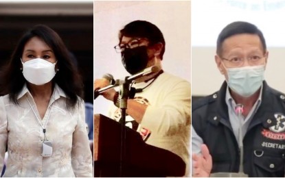 <p><strong>DIFFERENT PROTOCOLS</strong>. Cebu Governor Gwendolyn Garcia (left) and Health Secretary Francisco Duque III (right) are set to meet on June 28, 2021, Presidential Assistant for the Visayas Secretary Michael Lloyd Dino (center) said on Tuesday (June 22, 2021). Dino said the DOH can implement the swab upon arrival at the Mactan-Cebu International Airport and at the same time impose the 10-day hotel quarantine for arriving overseas Filipinos. <em>(File photos)</em></p>