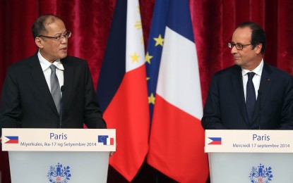 <p><strong>HEADS OF STATES.</strong> Former presidents Benigno Aquino III (left) and François Hollande of France meet in Paris in September 2014. The French embassy said in a statement that Aquino shared their vision to fight climate change. <em>(Photo courtesy of French Embassy in Manila)</em></p>