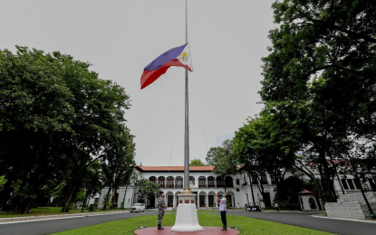 <p><strong>MOURNING</strong>. One of the flags inside the Malacañan Palace grounds is lowered to half-mast to mourn the death of former President Benigno Aquino III on June 24, 2021. President Rodrigo Duterte has declared June 24 to July 3 as a Period of National Mourning in honor of his predecessor.<em> (Presidential photo by Toto Lozano)</em></p>