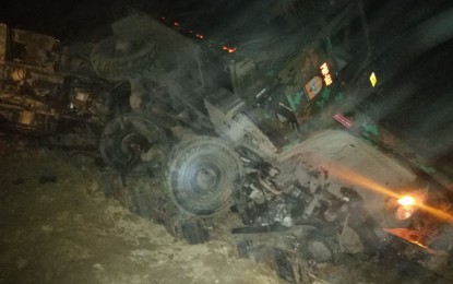 <p><strong>ROAD MISHAP</strong>. One of the police trucks that fell off the cliff in Las Navas, Northern Samar on Wednesday night (June 23, 2021). A police officer died while 21 other troopers and two guides were injured in the road mishap. <em>(Photo courtesy of Philippine National Police)</em></p>