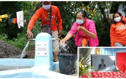 <p><strong>POTABLE WATER</strong>. Residents of Barangay Looy, South Upi, Maguindanao enjoy safe and clean water from the project built for them by ILO, Japan government, and BARMM. Masahiro Nakata (inset), the representative of the Japanese embassy in the Philippines, shared his online message during the launch event of the project on Friday (June 25, 2021). <em>(Photos courtesy of ILO)</em></p>